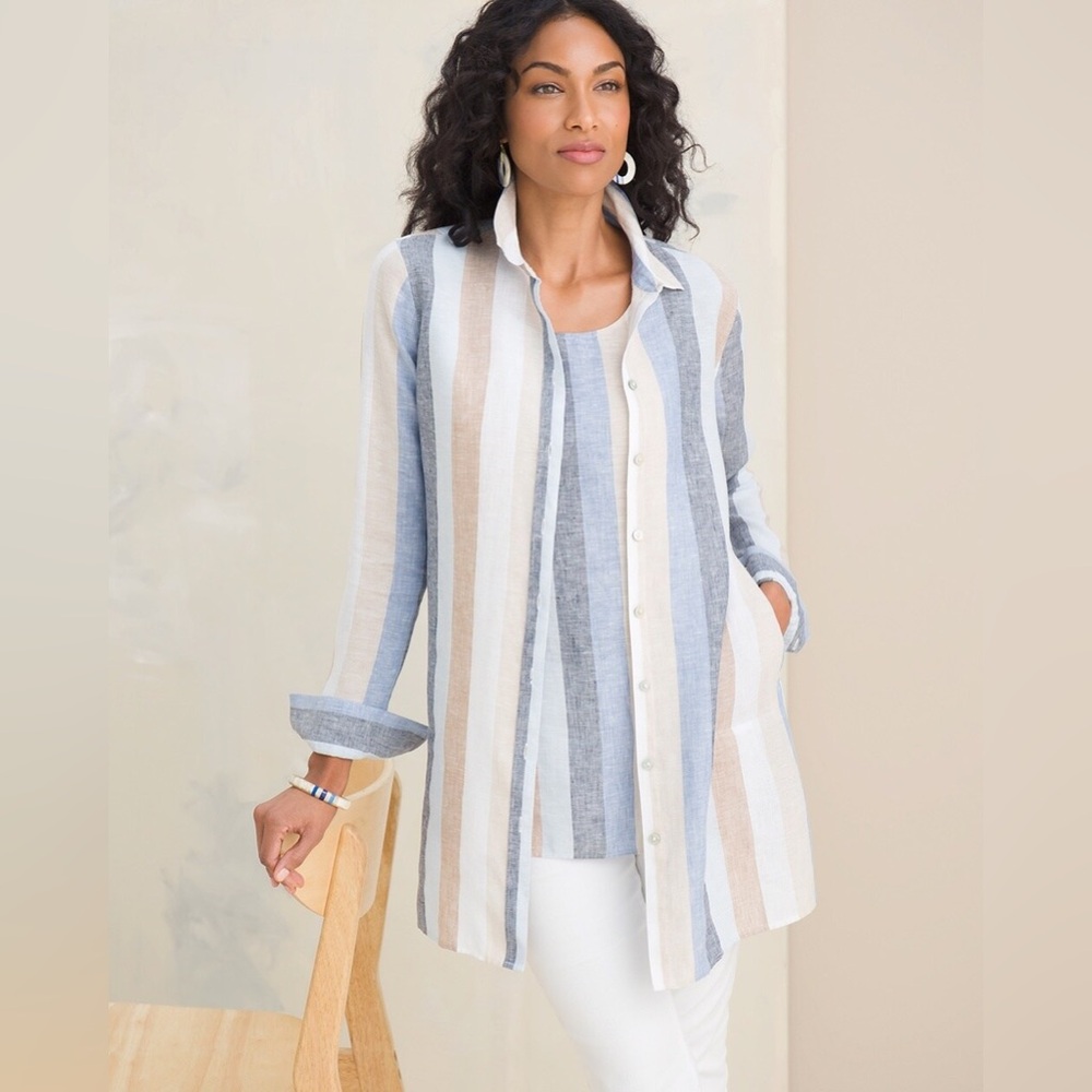 Chicos Linen Shirt Long Sleeve No-Iron Striped Tunic - Picture 12 of 15
